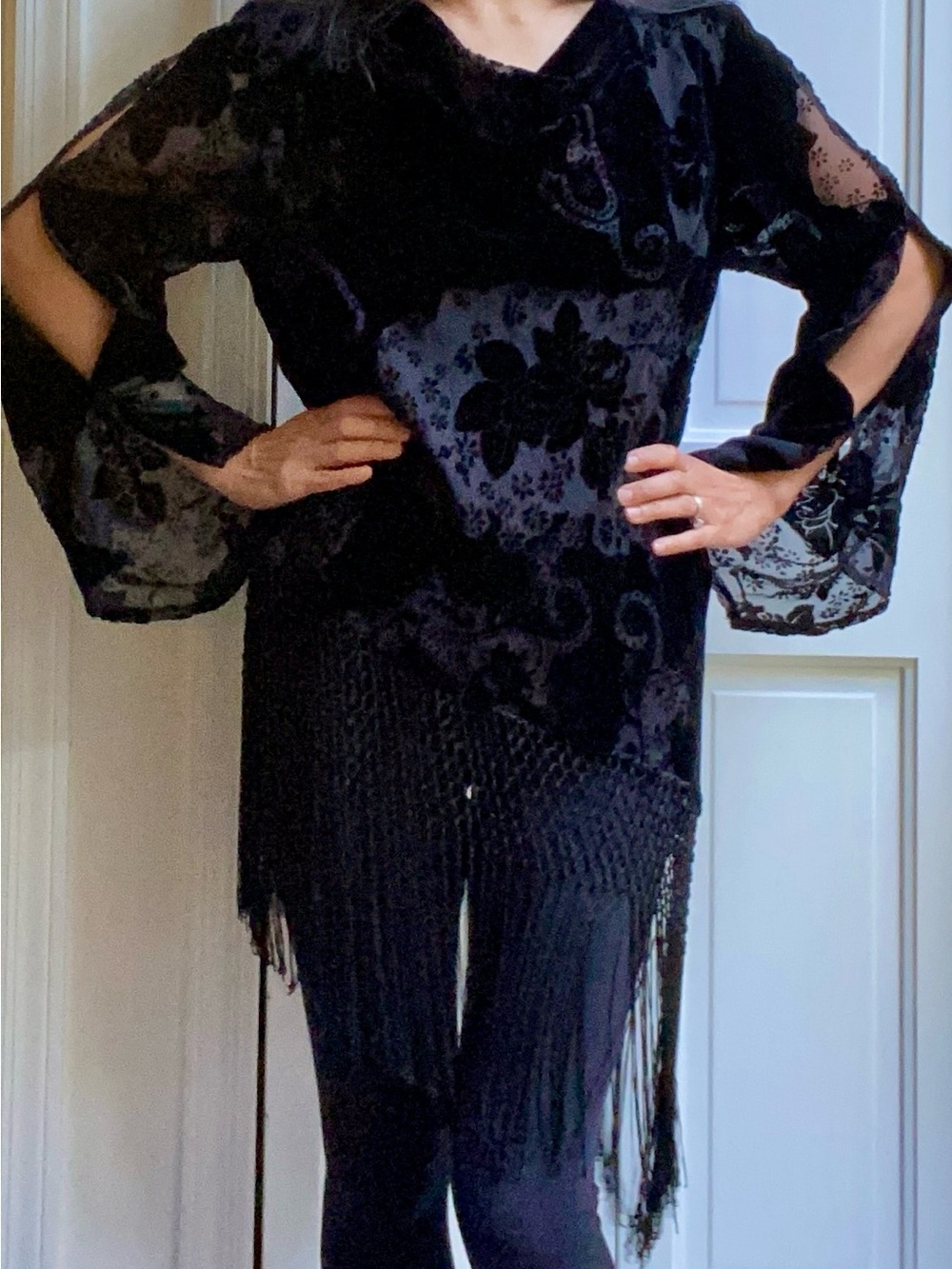 R&M Black Floral Velvet Whimsigoth Western Gothic Fringe Women's Blouse Sz S/M